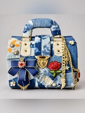 Up cycled Denim Embellished Women’s Handbag with Gold Chain and Red Rose
